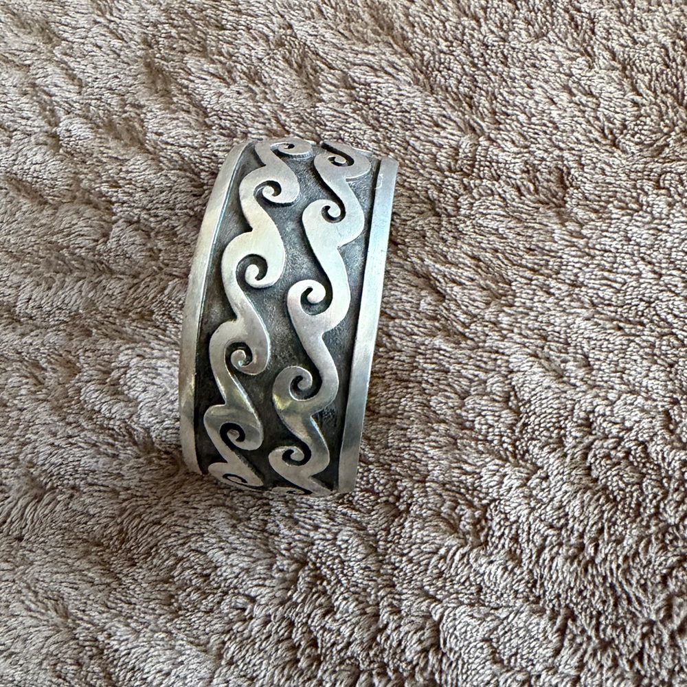 Silver Wave Pattern Cuff Bracelet With Matching R… - image 2